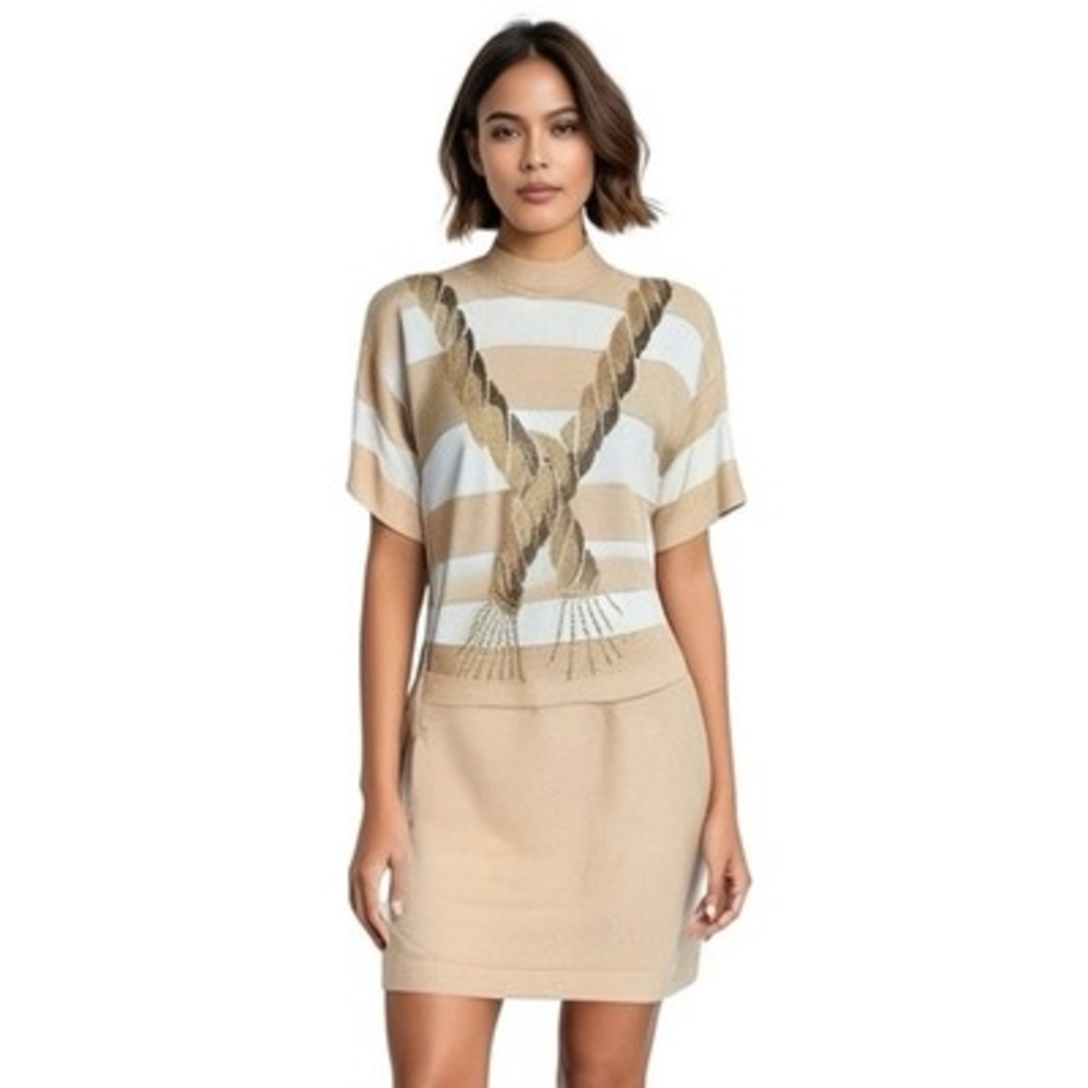 St John Collection Nautical Sweater Skirt Set Beige Ivory Gold Women’s M 12 NWT - Picture 1 of 9